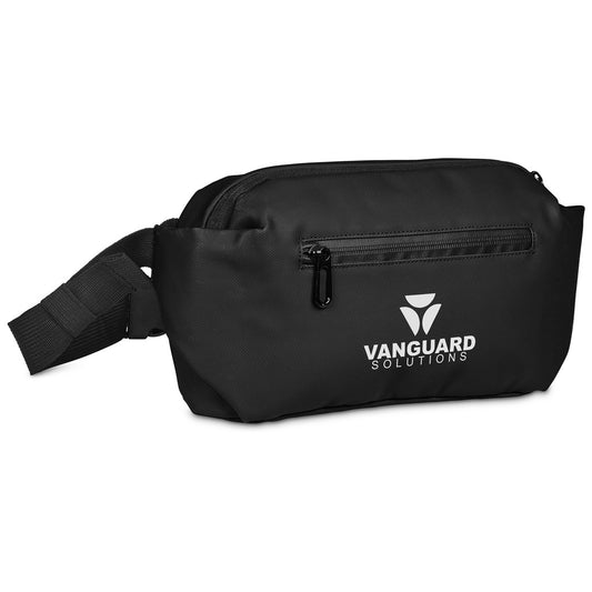 A black nylon waist bag with a white printed 'VANGUARD SOLUTIONS' logo on the front, featuring a zippered pocket and an adjustable webbing strap, shown on a plain white background.


