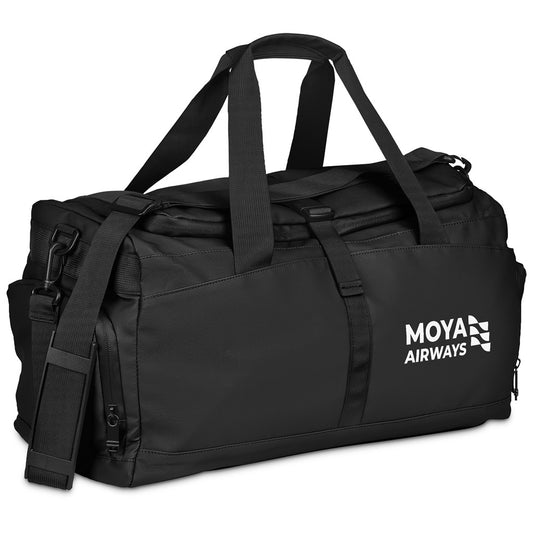 A black duffel bag with white MOYA AIRWAYS branding on the front, featuring dual top handles, a detachable shoulder strap, and multiple zippered compartments, set against a plain white background.

