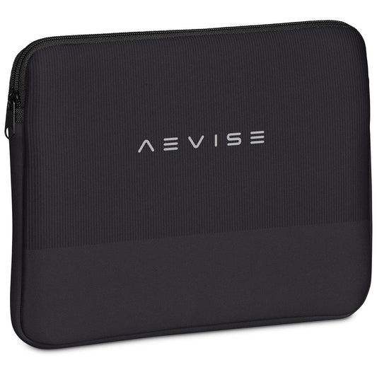 Black laptop sleeve with 'Aevise' branding on a white background


