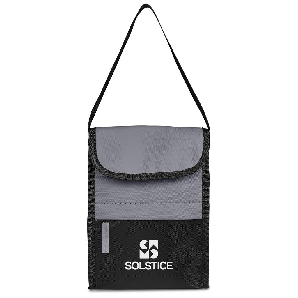 Black and gray crossbody bag with 'Solstice' logo on a white background

