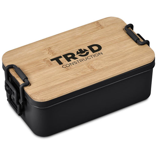 Bamboo lunch box with black accents and 'TRD Construction' logo on a white background

