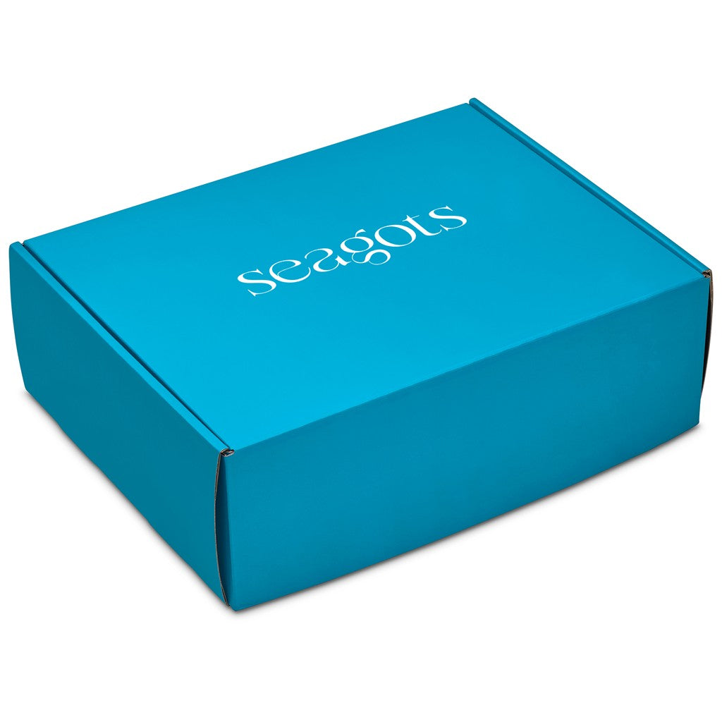 A bright turquoise blue rectangular product box with the brand name 'seagots' printed in white script on the lid, shown on a plain white background.

