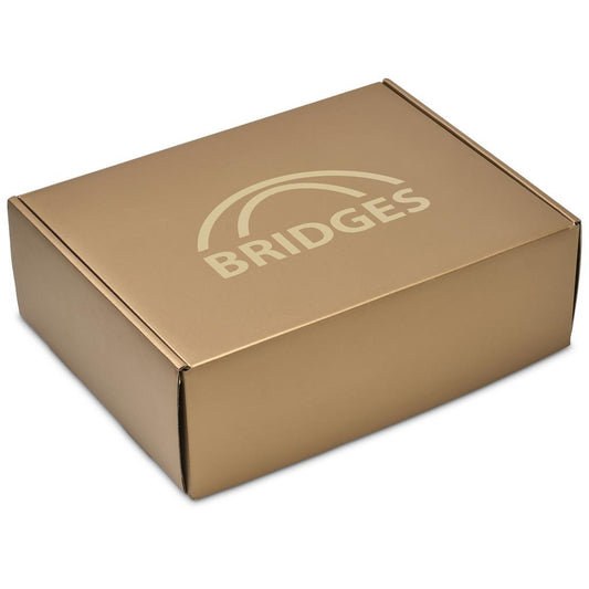 A metallic gold cardboard box with the brand name 'BRIDGES' and an arch logo printed on the top, shown on a plain white background.

