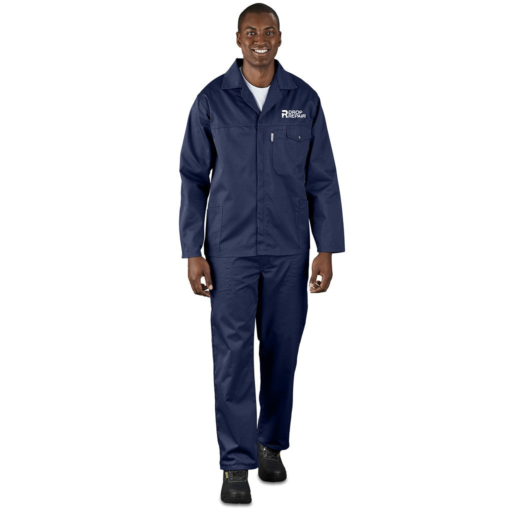 A man wearing a navy blue two-piece work uniform set with a long-sleeve button-front jacket and matching pants, standing against a plain white background.

