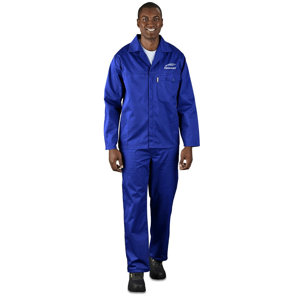 A man wearing a royal blue work uniform set consisting of a long-sleeve button-front jacket and matching pants, standing against a plain white background.

