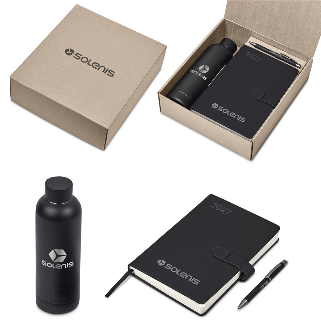 Solenis gift set featuring a matte black water bottle, a black 2027 planner, a black pen, and a kraft paper gift box on a white background.

