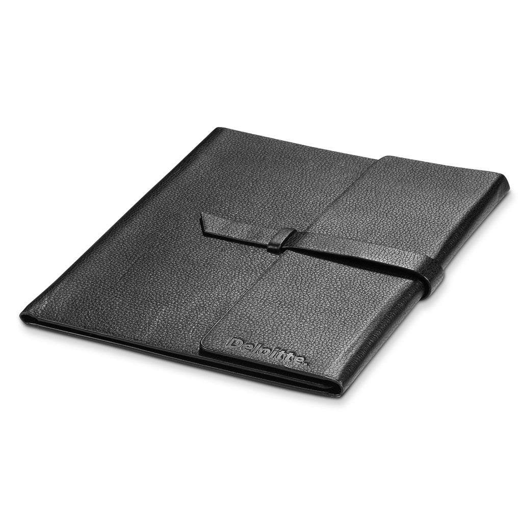 A black textured leather folio-style sleeve or tablet case with a wrap-around strap closure, photographed on a clean white background. The debossed brand name 'DEJING' is visible near the bottom edge.

