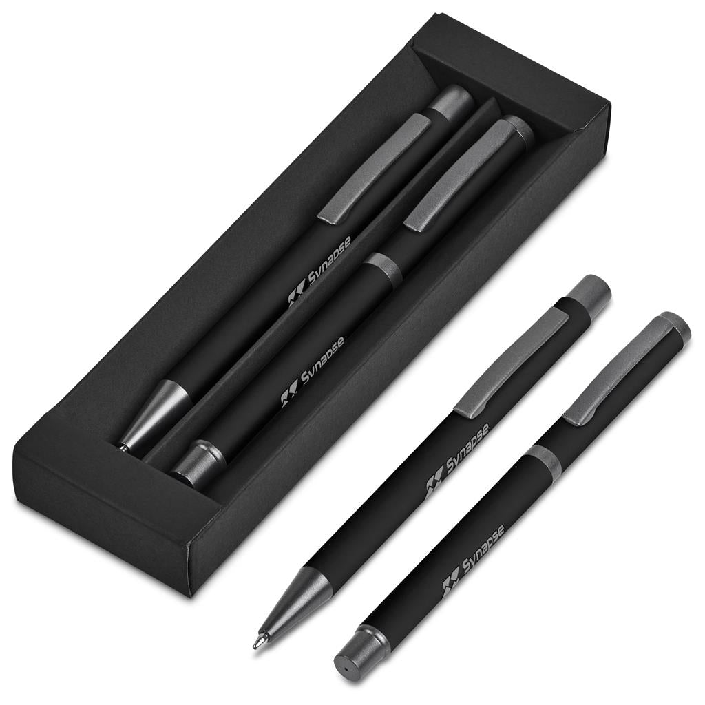 Set of black pens with gray accents on a white background

