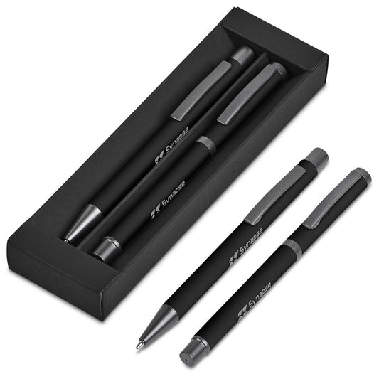 Set of black pens with gray accents on a white background


