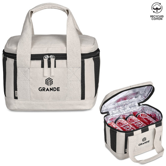 A light beige and black insulated cooler bag shown closed on the left and open on the right, with Coca-Cola cans visible inside. The bag has top handles, a front zip pocket, and a black-and-white striped side panel.

