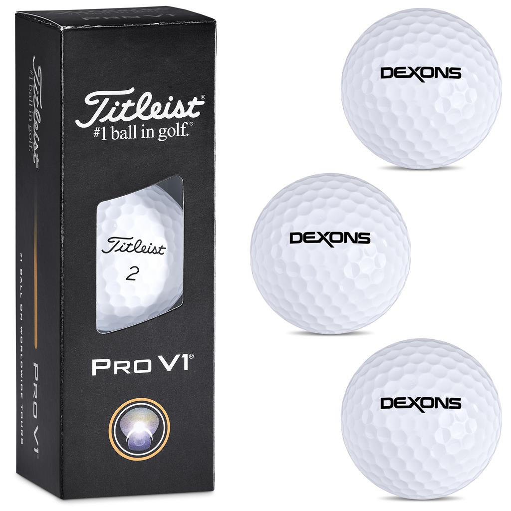 Titleist Pro V1 golf ball packaging with three Dexons branded golf balls on a white background

