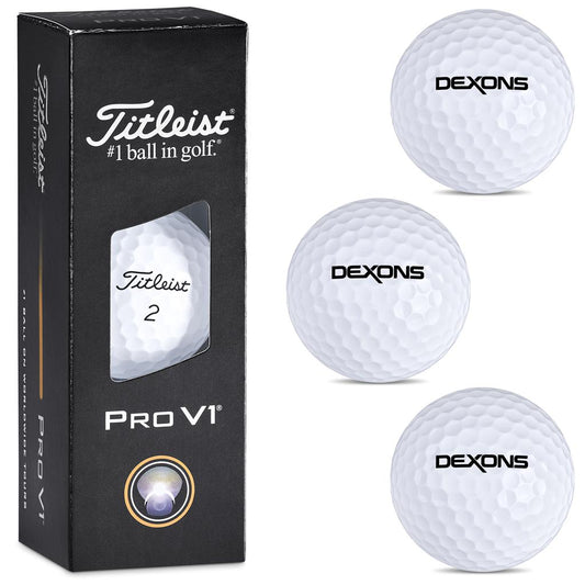 Titleist Pro V1 golf ball packaging with three Dexons branded golf balls on a white background

