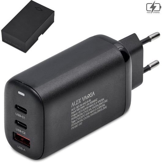 Black power adapter with multiple USB ports on a white background

