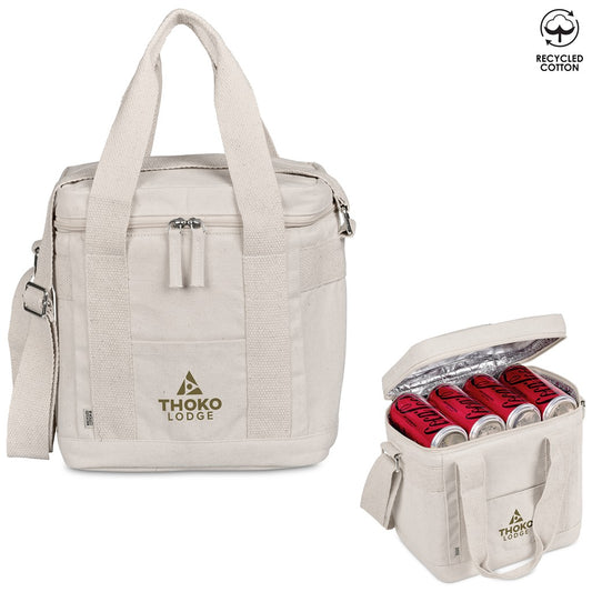 A light beige Thoko Lodge insulated tote bag shown closed on the left and open on the right, filled with red beverage cans. The bag has dual top handles, a shoulder strap, zippered compartments, and a visible Thoko Lodge logo on the front pocket.

