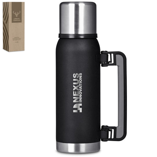 A black vacuum-insulated stainless steel thermos bottle with a carry handle, shown on a white background with a small product box in the upper left corner. The bottle has the brand name 'NEXUS INNOVATIONS' printed vertically on the front.

