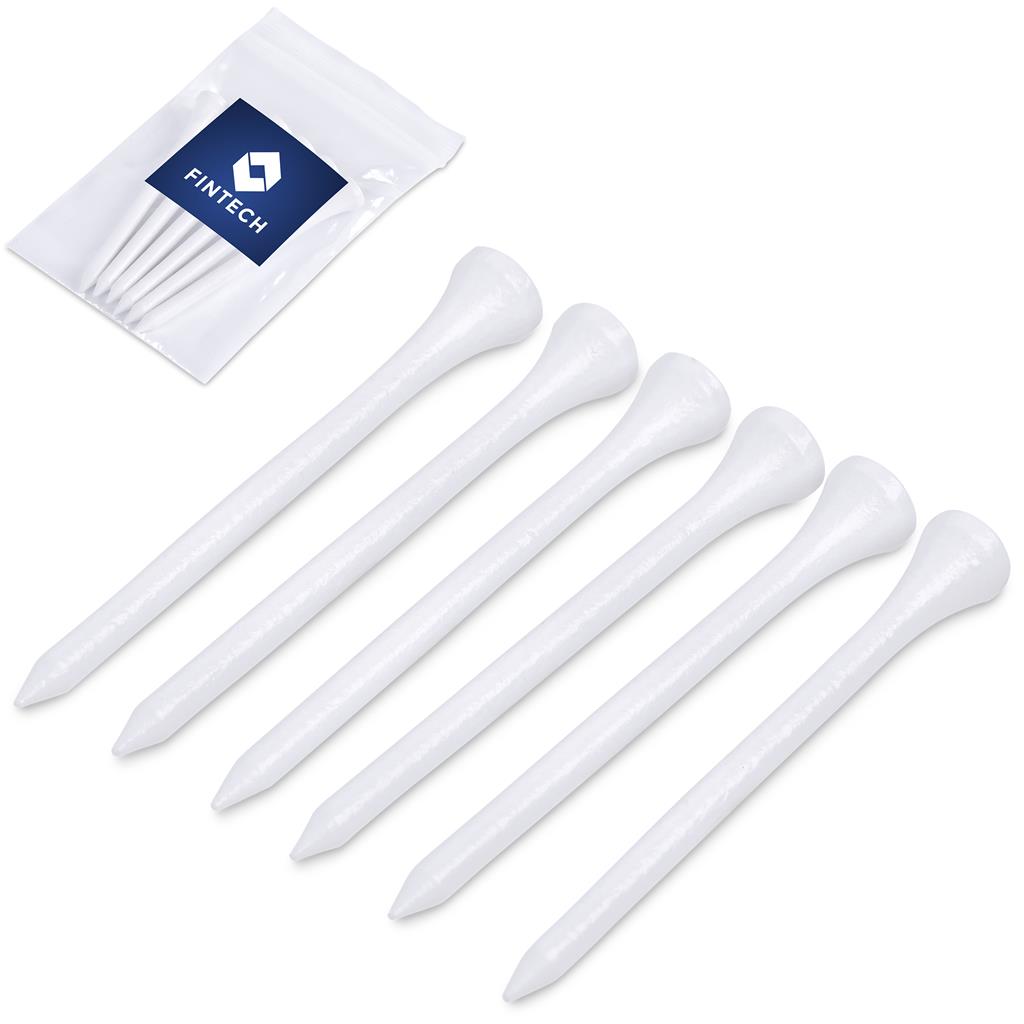 Set of white golf tees with a Fintech branded packet on a white background

