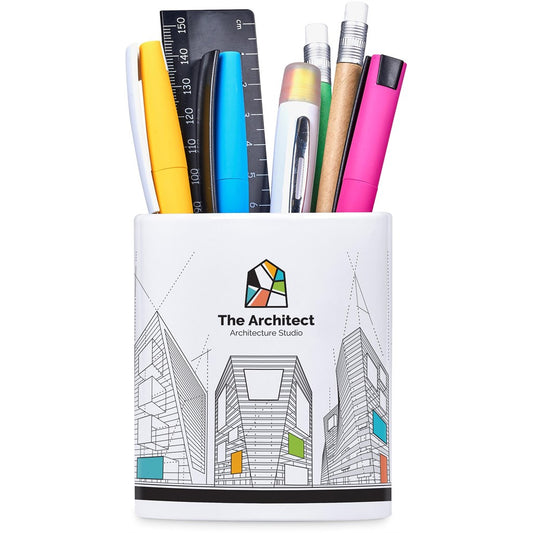 Pencil holder with stationery items and 'The Architect Architecture Studio' branding on a white background

