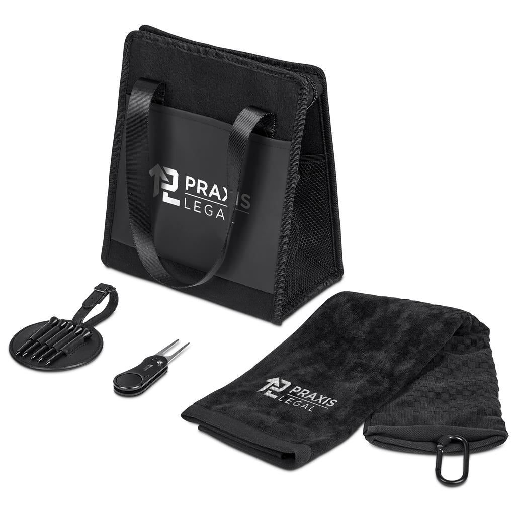 Black Praxis Lega bag, towel, and tools on a white background


