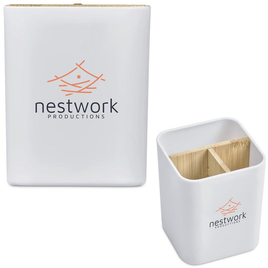 A white Nestwork Productions branded storage container shown closed and open, with a bamboo divider inside, on a clean white background.

