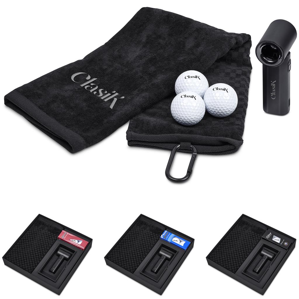 Golf accessories including a towel, balls, and measuring device on a white background


