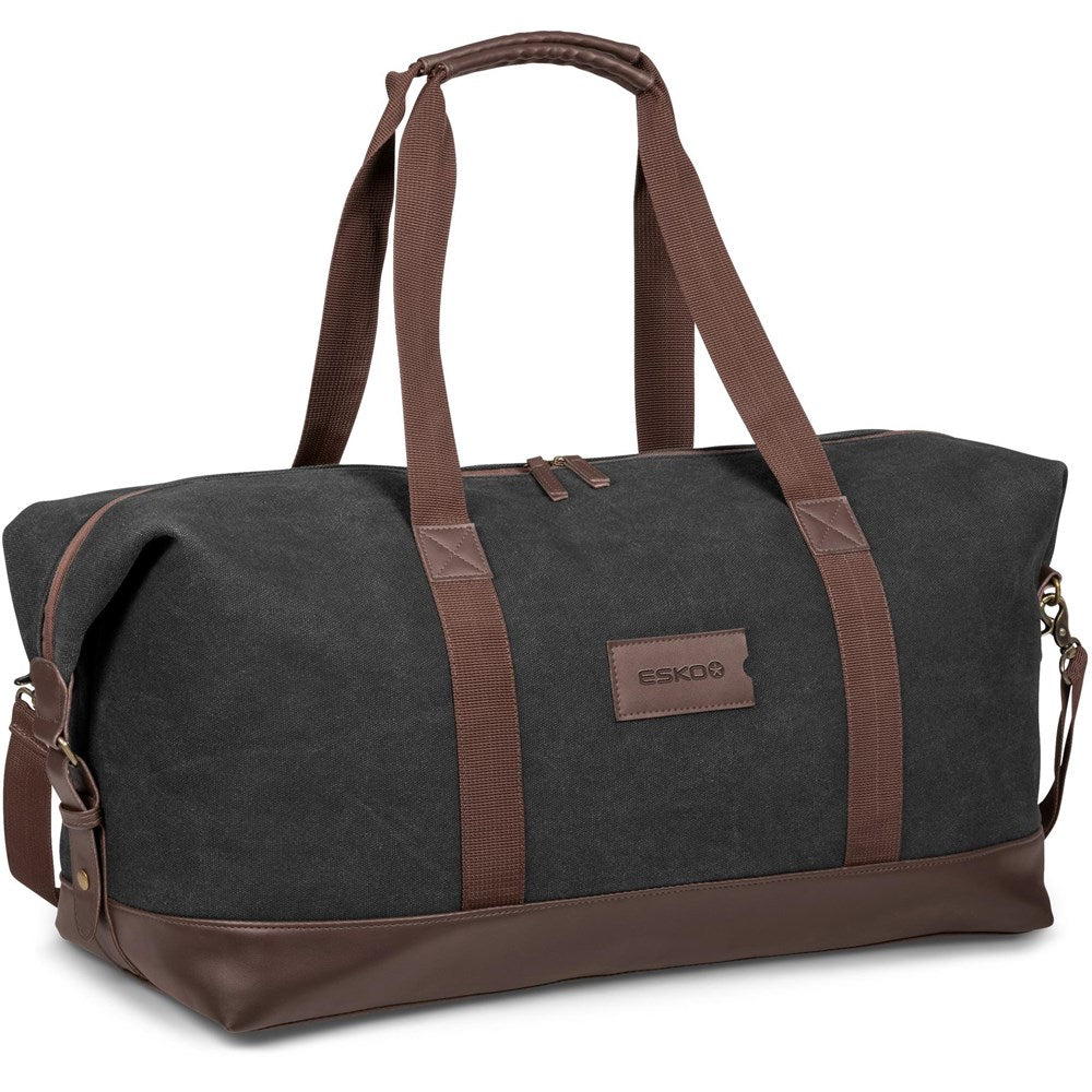 Gray duffel bag with brown straps and visible brand logo on a white background

