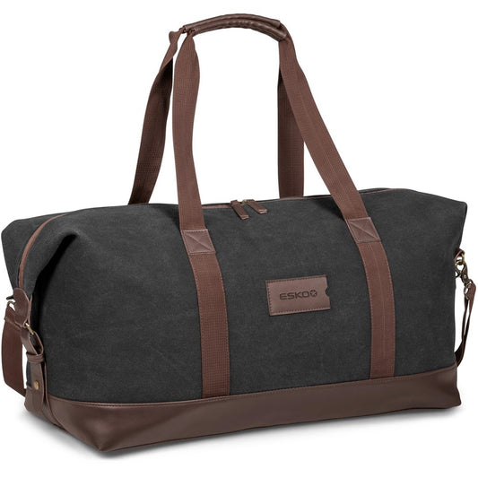 Gray duffel bag with brown straps and visible brand logo on a white background

