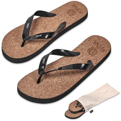 Pair of cork flip-flops with black straps on a white background

