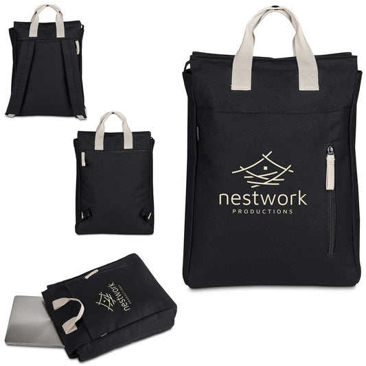 A black tote-style bag with light beige handles and zipper pulls, shown in multiple views on a white background. The large main view shows the front pocket with a white 'nestwork PRODUCTIONS' logo and a vertical zip pocket.

