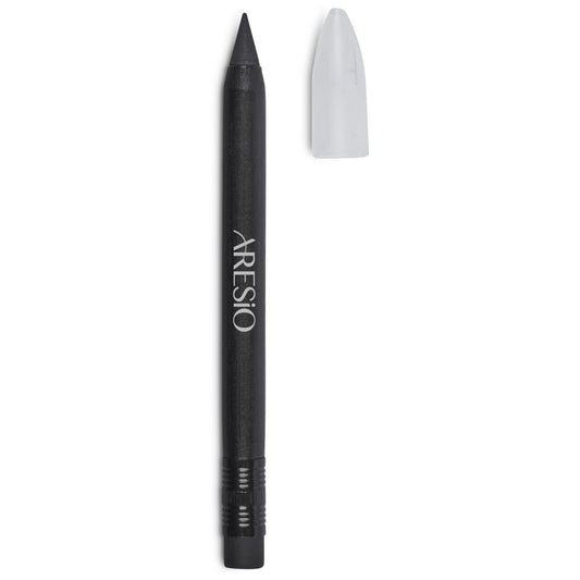 Black eyeliner pencil with white cap on a white background

