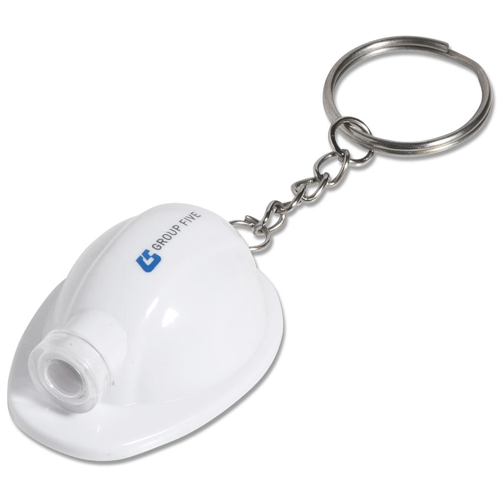 White keychain with a logo on a white background

