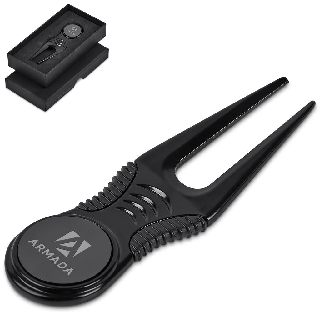 Black golf divot tool with Armada logo on a white background

