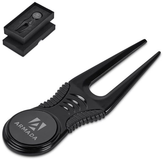 Black golf divot tool with Armada logo on a white background


