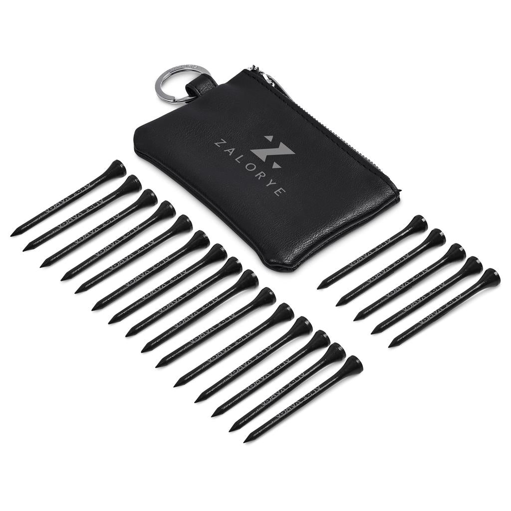 Black golf tees with a black pouch on a white background, featuring the Zalorye brand.

