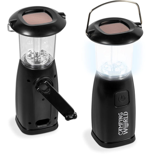 Two black camping lanterns with solar panels on a white background, one open and one closed.

