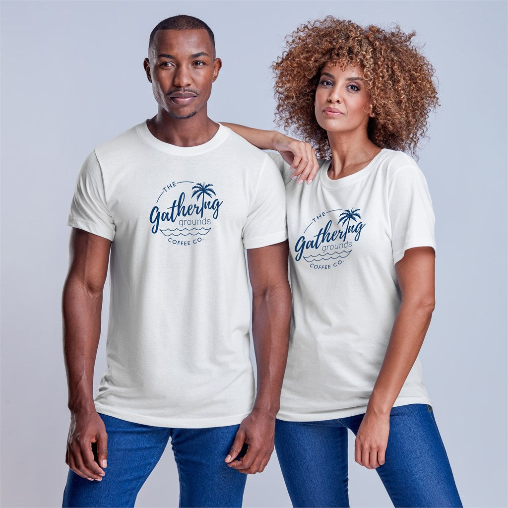 Two people wearing white t-shirts with a brand logo on a light gray background