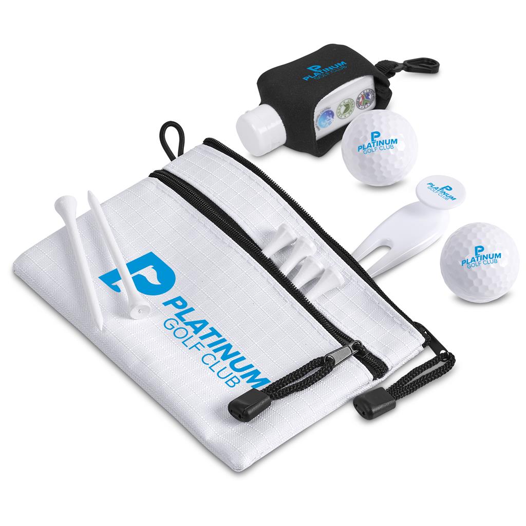 Golf practice equipment set with balls and stand on a white background, featuring the Platinum Golf Club logo.

