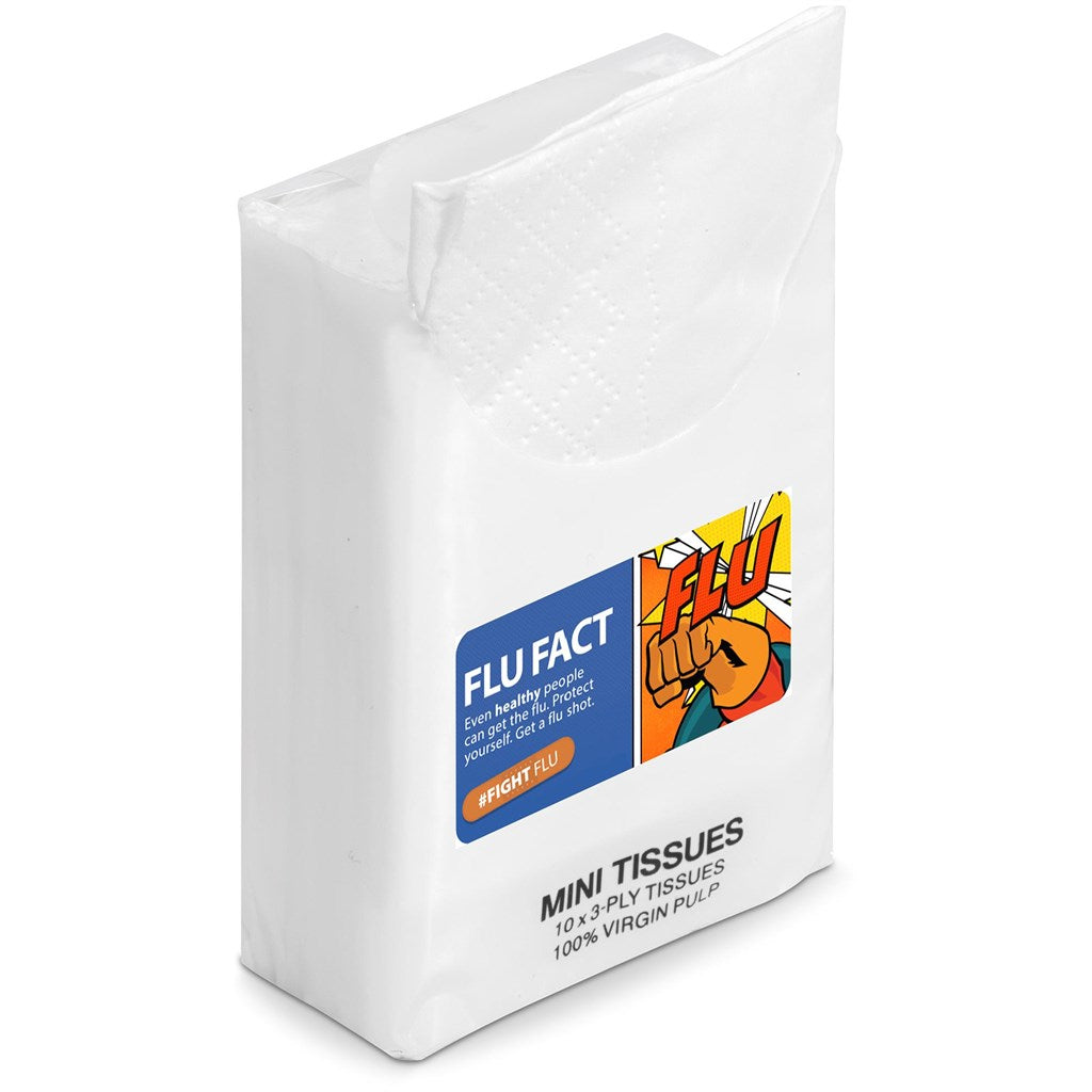 Box of Flu Fact mini tissues on a white background

