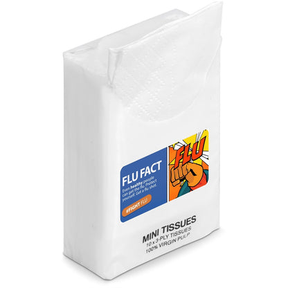 Box of Flu Fact mini tissues on a white background

