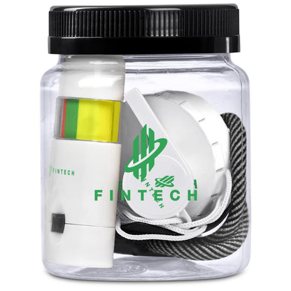 Clear container with white and green product labeled 'Fintech' on a white background

