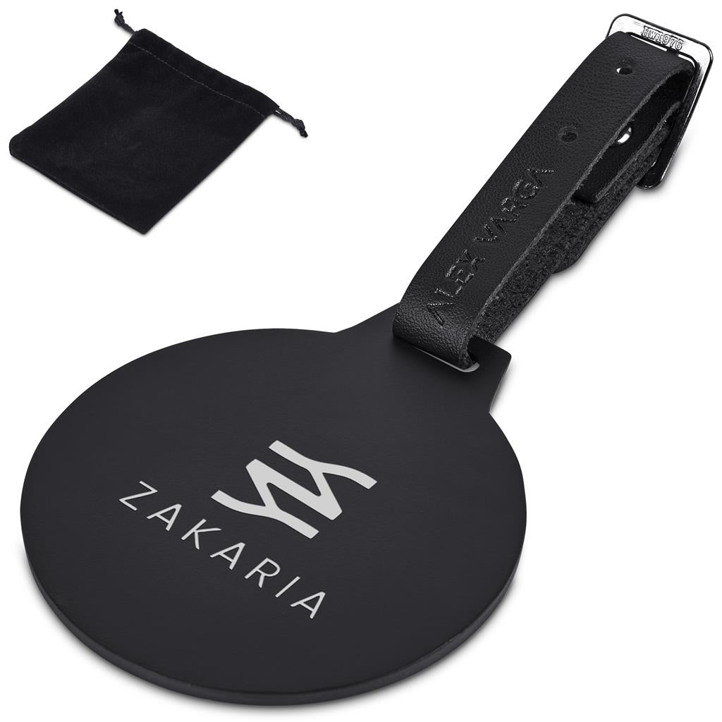 Black luggage tag with 'Zakaria' branding on a white background

