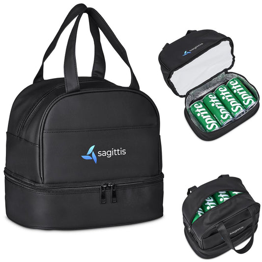 Black cooler bag with 'sagittis' logo, open to reveal Sprite cans.


