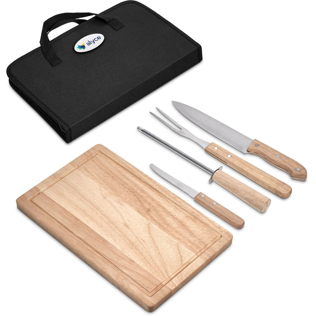 Set of barbecue tools including a wooden cutting board, knives, and forks with a black carrying case on a white background.

