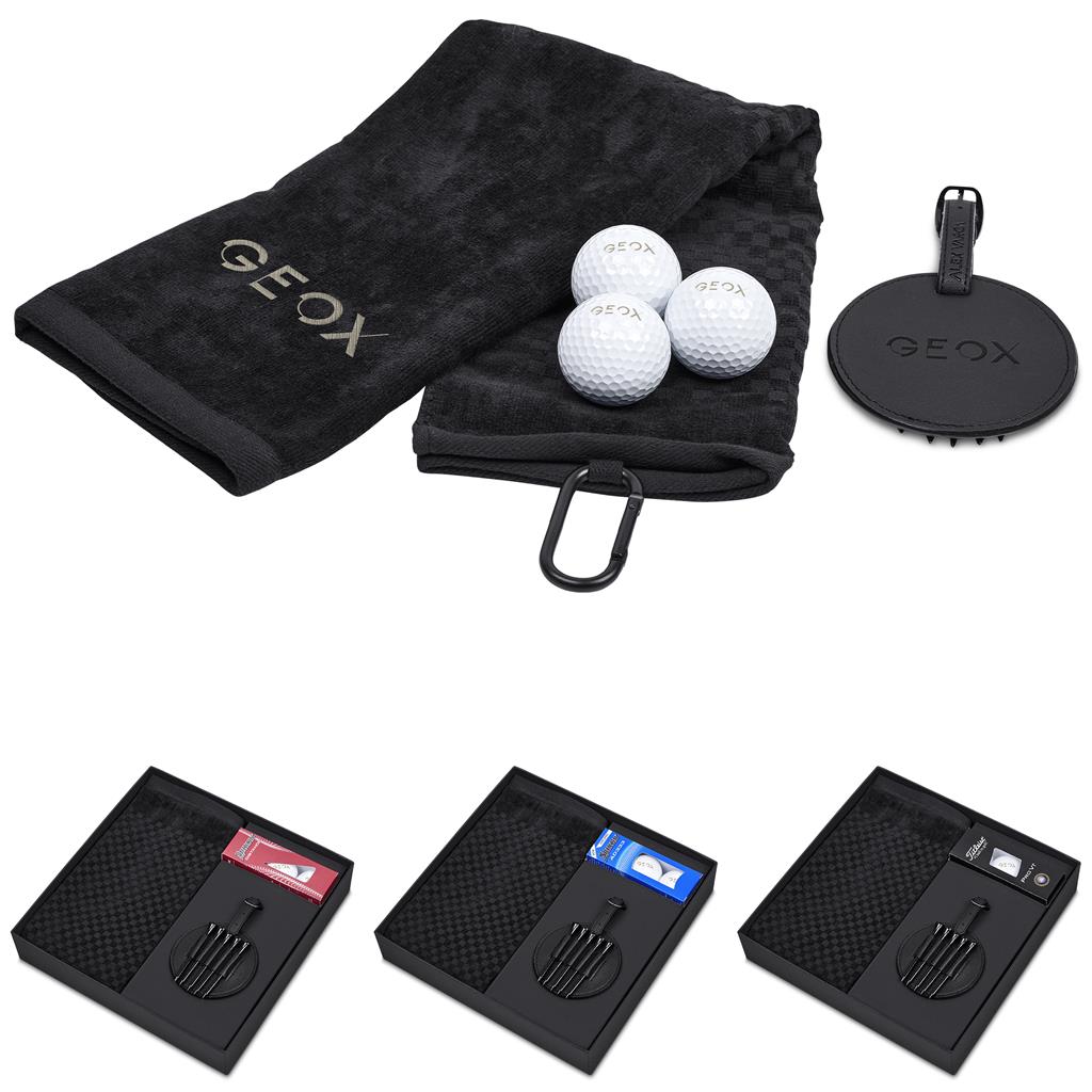 GEOX branded golf towel, golf balls, golf tees, and golf club head covers on a white background

