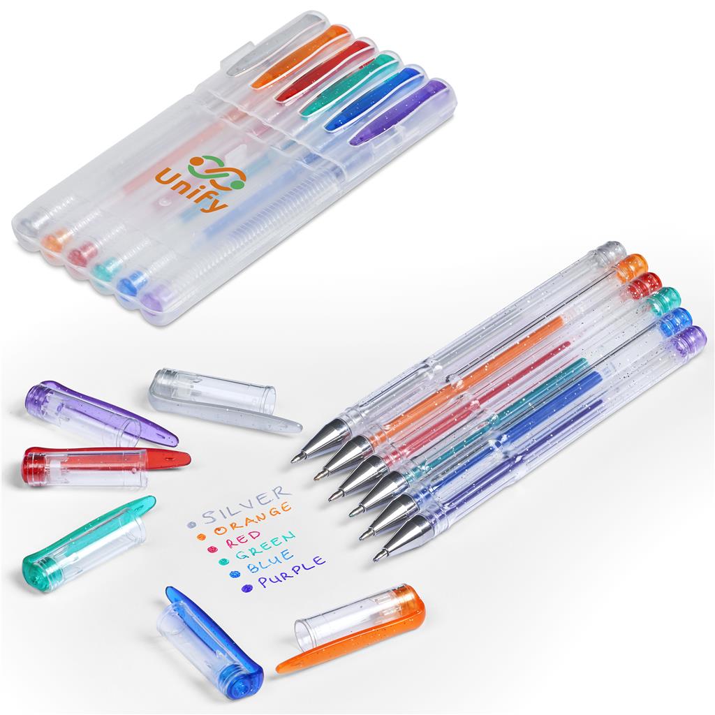 Set of colorful pens with a transparent case on a white background

