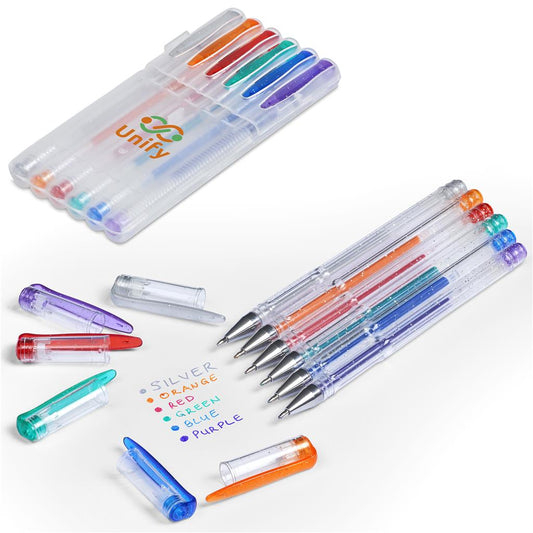 Set of colorful pens with a transparent case on a white background

