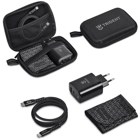A black Trident 35W USB-C power adapter shown with its carrying case, braided USB-C cable, and a microfiber cleaning cloth on a white background.

