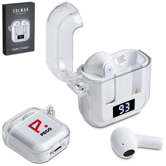 White wireless earbuds with charging case on a white background

