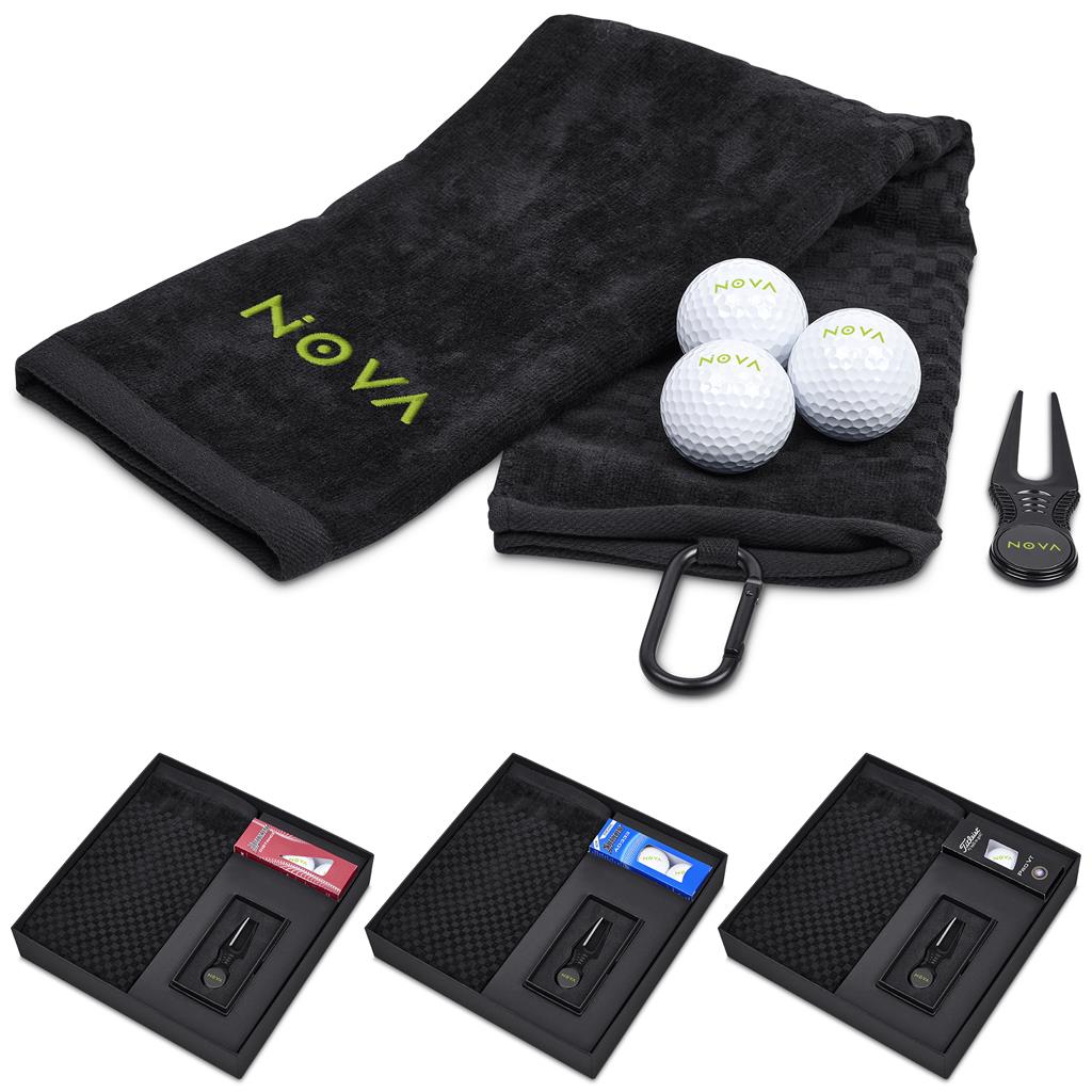 Golf towel with golf balls, divot tool, and golf tees on a white background

