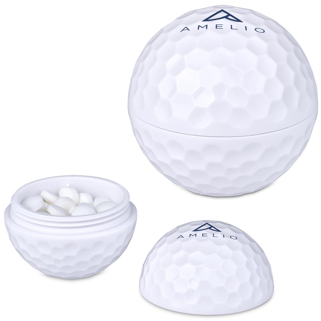 White Amelio branded golf ball-shaped container with a smaller bowl and cap on a white background

