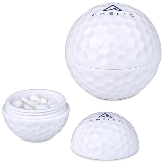 White Amelio branded golf ball-shaped container with a smaller bowl and cap on a white background

